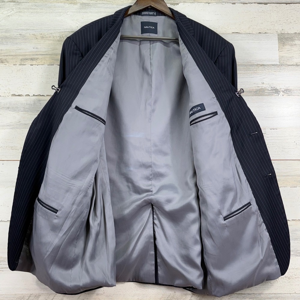 Nautica Men's Pinstripe Navy Blue 100% Wool Blazer Suit Jacket 50L Made in India - Picture 5 of 15